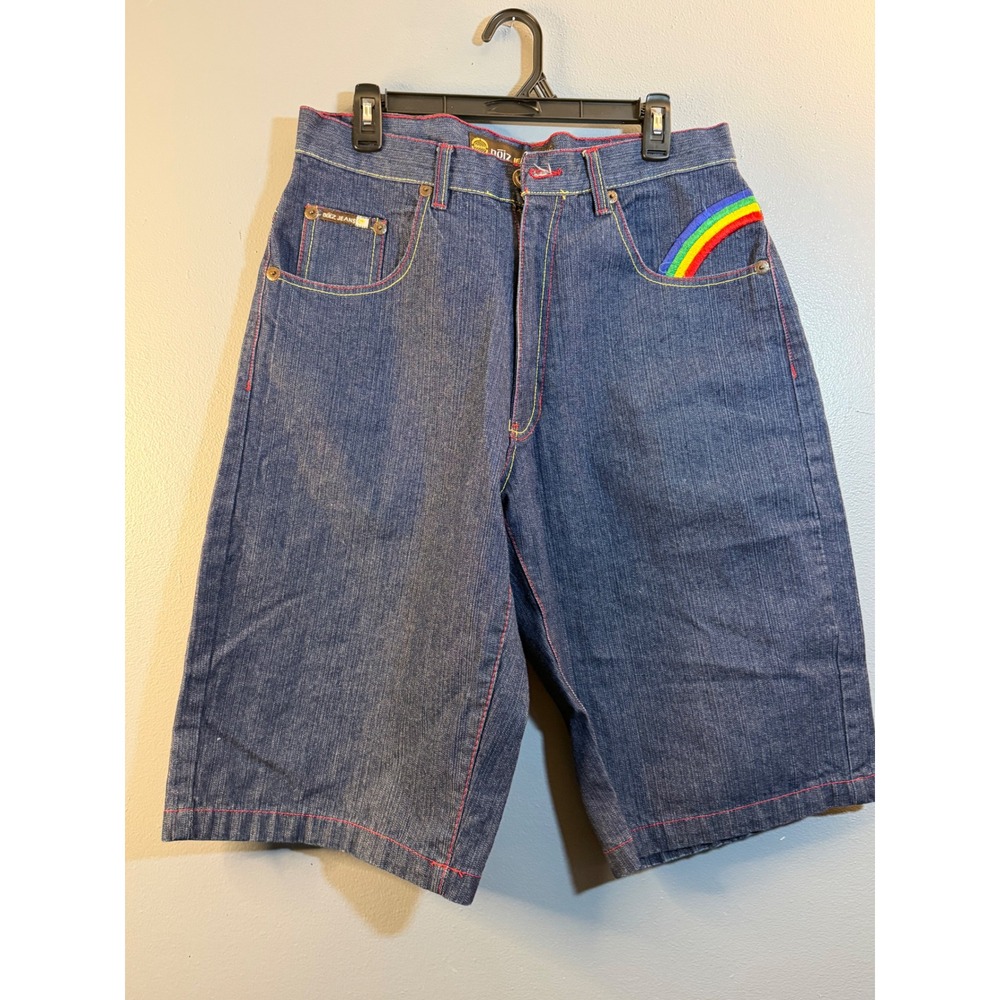 Noiz Jeans Mens Baggy Denim Shorts Size 34 Rainbow Embroidery Y2K Streetwear Blu